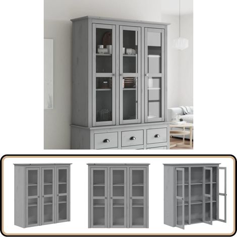 Armoire avec portes vitrées BODO gris bois de pin massif - Meuble De Rangement - Armoire Vitrée - Buffet - Bibliothèque - Design Français
