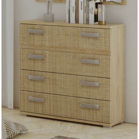 Commode, meuble de rangement coloris chêne cambrian/effet textile - Longueur 89 x Profondeur 39,6 x Hauteur 89,6 cm -PEGANE- (1/2)