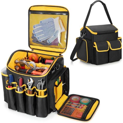 Sac à Outils Carré Robuste 1680D avec Séparateur Amovible - Sacoche de Rangement Professionnelle Étanche Multi-poches - Bandoulière Incluse - Pour Électricien & Plombier - Noir (1/5)