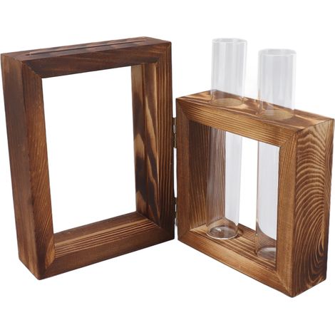 Support en bois pour la multiplication des plantes, avec 2 tubes à essai en verre. Cadre en bois, vase pour tubes à essai en verre, pot de fleurs, décoration de table pour la culture hydroponique de f (1/5)