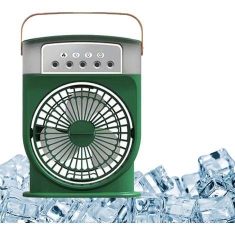 Enfriador de aire portátil, ventilador evaporativo con 3 ventiladores, mini ventilador de mesa con función de nebulización y luz nocturna, verde (1/5)