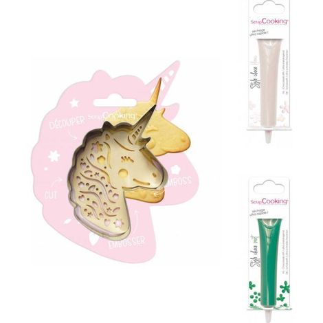 Kit pour biscuit en relief Licorne + 2 Stylos au chocolat blanc et vert