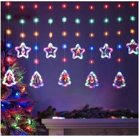 Rideau Lumineux Sapin de NoëL,Rideau Lumineux de Noël,Rideau Lumineux Noël Etoiles avec Figurine,Rideau Lumineux Noël,Led Guirlande (1/5)