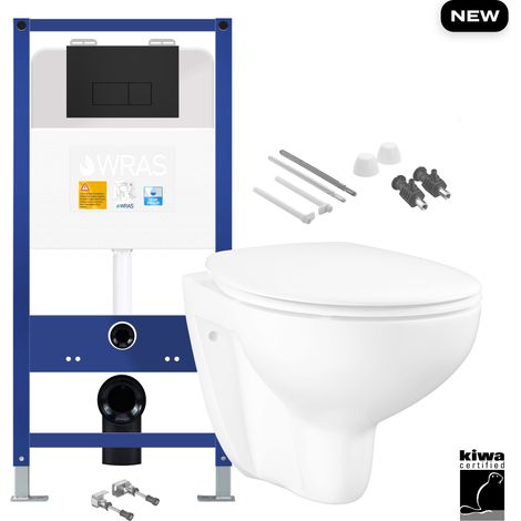 Gloss White Wall Hung Toilet with 1.10m Concealed Cistern Frame Set - Matt Black Plate