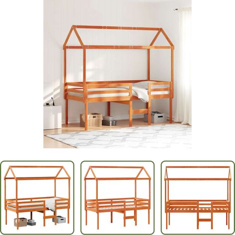 vidaXL Hochbett für Kinderzimmer - Hochbett mit Dach Wachsbraun 75x190 cm Massivholz Kiefer (1/5)