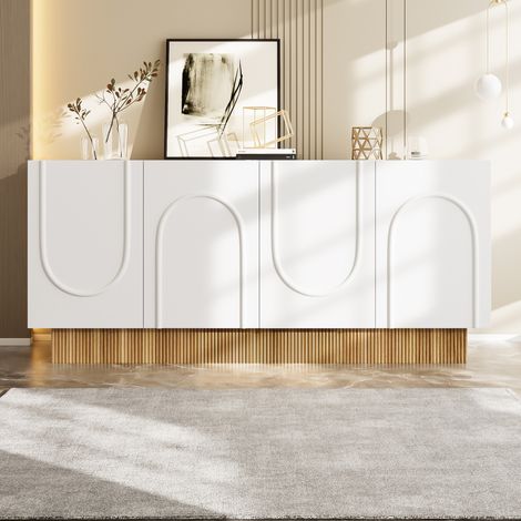 Buffet en panneaux de particules blanc et effet bois, 4 portes, finition mate, 160 x 38 x 75 cm (1/5)