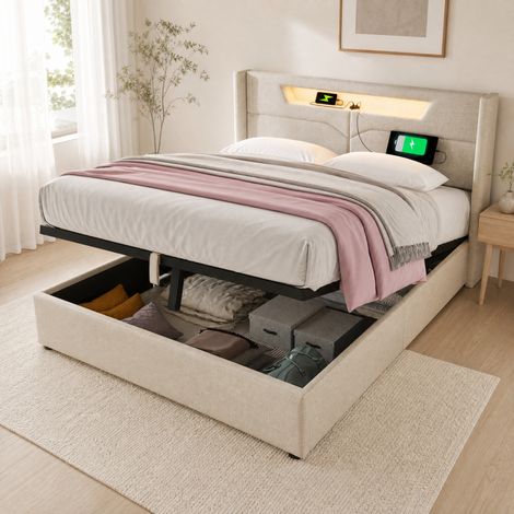 Letto matrimoniale contenitore 160x200 cm imbottito in tessuto beige con LED, USB e Type-C OKWISH (1/5)