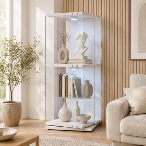 Vitrine Rotative 360° avec Éclairage LED, Vitrine en Verre avec 2 Étagères, Vitrine sur pied, Anti-basculement, Blanc