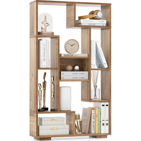 Bibliothèque Géométrique de 120 cm, Etagères Ouvertes, Etagère de Rangement Autoportante avec Kits anti-basculement, pour Bureau, Salon, Naturel (1/5)