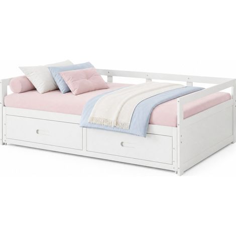 Canapé-lit extensible avec tiroirs et rangement, couchage 90x200 cm déployable à 180x200 cm, bois de pin blanc, CHICFURN (1/5)