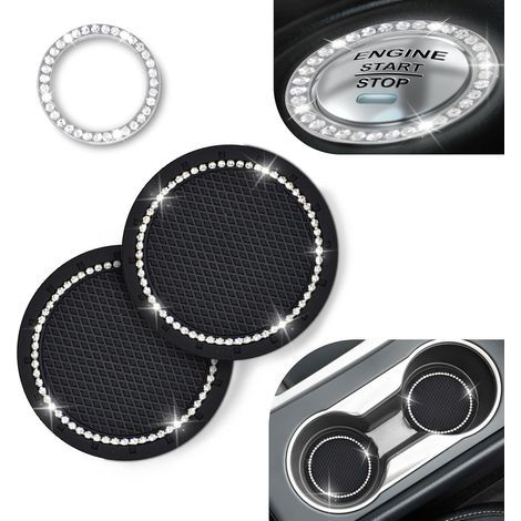 Dessous de verre pour voiture (lot de 2) Bouton de démarrage décoratif (lot de 1) Accessoires de voiture uniques en strass et cristal pour femmes, compatibles avec la plupart des voitures (1/5)