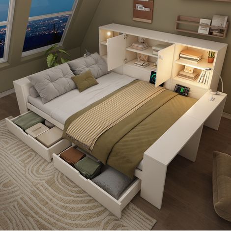 Cama con almacenamiento USB 140x200 blanca dormitorio OKMYHOME (1/5)