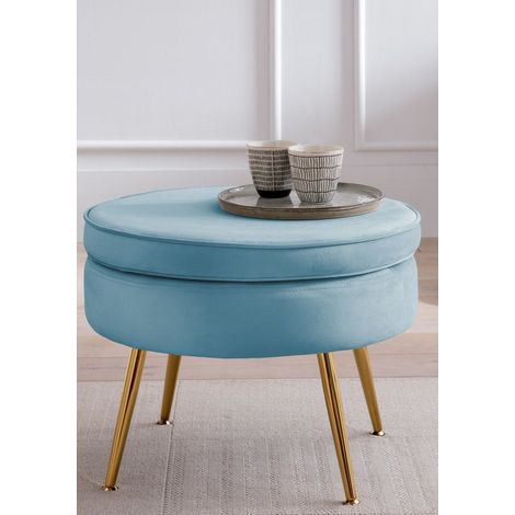 Pouf rond en velours bleu repose-pieds et assise d'appoint avec pieds en métal doré - PANGIVO (1/5)