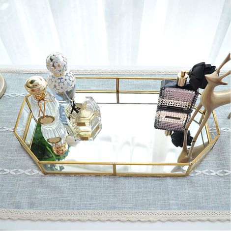 Plateau en métal et verre miroir doré - Forme polygone, pour bijoux, parfum, maquillage, coiffeuse, commode, salle de bain, chambre à coucher (L) (1/5)