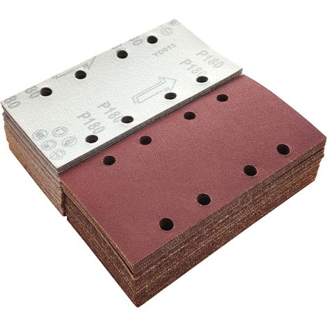100pièces 93x185mm Papier Abrasif Rectangulaire Grain180 Disques abrasifs Hook and Loop à 8Trous Papier de Verre pour Ponceuse Rectangulaire (1/5)