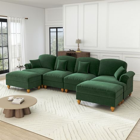 Klassisches U-förmiges modulares 4-Sitzer Sofa aus Chenille mit Trichter-Armlehnen, abnehmbarer Rüschenschürze, spindelförmigen Beinen & beweglichem Hocker – Weiches Cloud-Sofa fürs Wohnzimmer, Grün 
