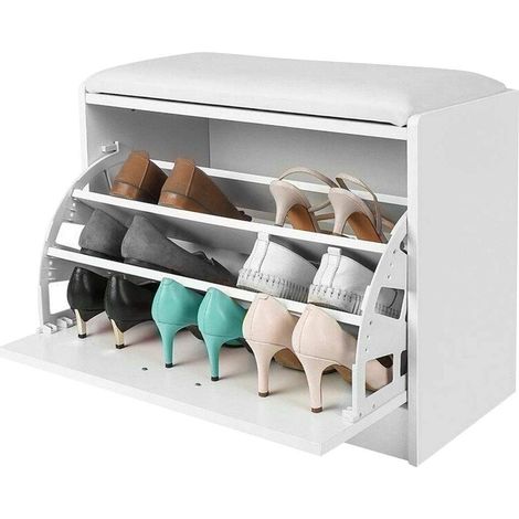 Banc de Rangement à Chaussures en Bois avec Porte à Rabat, Triple Profondeur et Assise en Simili Cuir, Coffre Dimensions 60 x 30 x 48 cm (Blanc) (1/5)