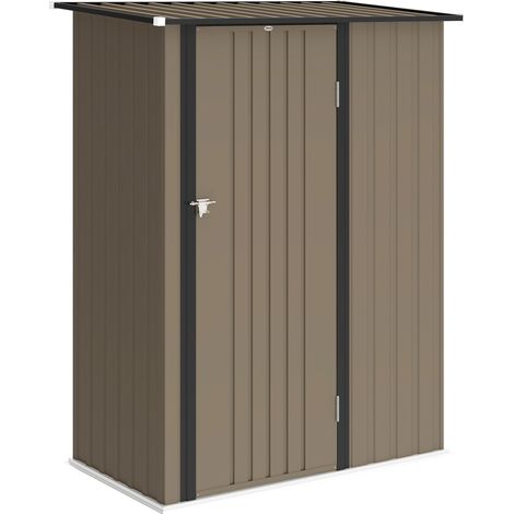 Capanno Porta Attrezzi in Metallo con Tetto Inclinato e Porta Bloccabile, 142x86x189 cm, Marrone