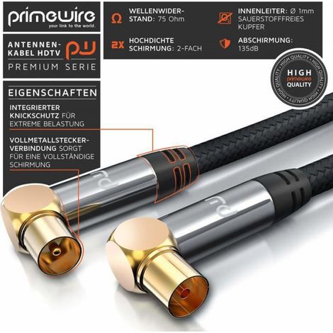Câble coaxial - Primewire Premium - 135 dB - Plaqué or - 90° coude (1/4)