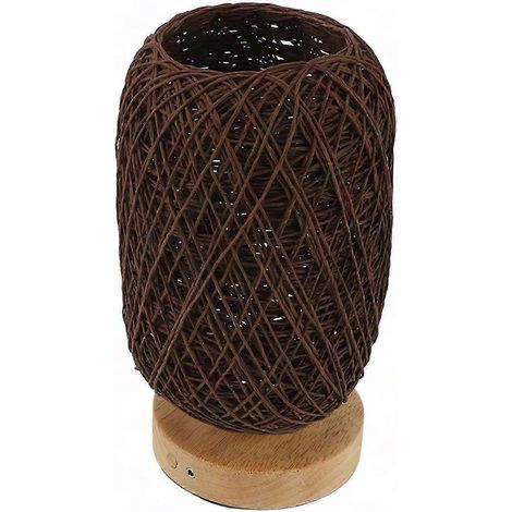 Lampe de chevet vintage en rotin et bois, LED lumière chaude avec variateur sans paliers, commande tactile, idéale pour chambre et salon. (1/5)