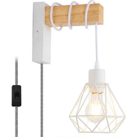 Applique murale bois abat-jour cage câble tressé avec prise E27 (1/4)
