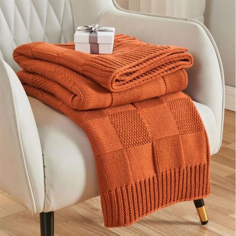 Couverture tricotée à carreaux orange, 150200cm, une pièce, couverture de canapé à carreaux, décoration de Noël, couverture tricotée douce et chaude. (1/5)