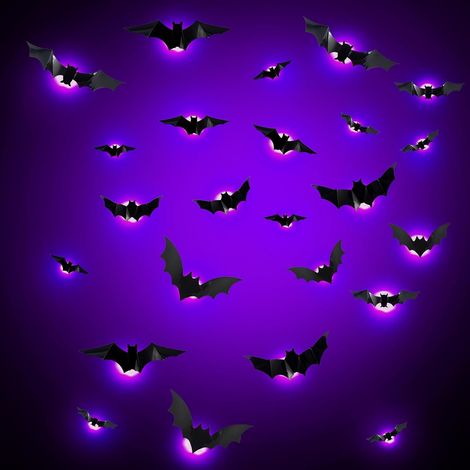 Decorazione di Halloween 24 pezzi 3D pipistrello viola LED adesivi da parete horror pipistrello per finestra, parete, porta, decorazioni per feste (1/5)