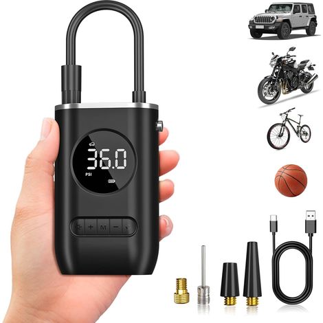 Inflador de neumáticos para automóvil, compresor de aire portátil de 2000 mAh, 150 PSI, 4 veces más rápido, con LCD digital y luz LED, compresor de automóvil de 4 modos para automóvil, motocicleta, bi (1/3)