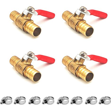 Lot de 4 Vannes à Boisseau Sphérique en Laiton de 12mm Avec 8 Pinces, Interrupteurs de Valve d'arrêt en Laiton, Ligne de Carburant à Gaz d'air Coupée à 180 Degrés (12mm) (1/5)