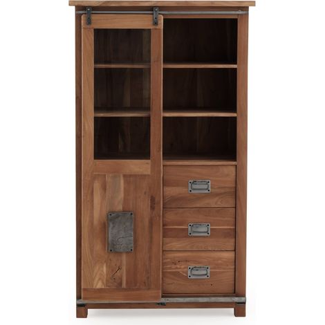 Vitrina 1 puerta corredera y 3 cajones de madera maciza de acacia reciclada con patas de madera (1/4)