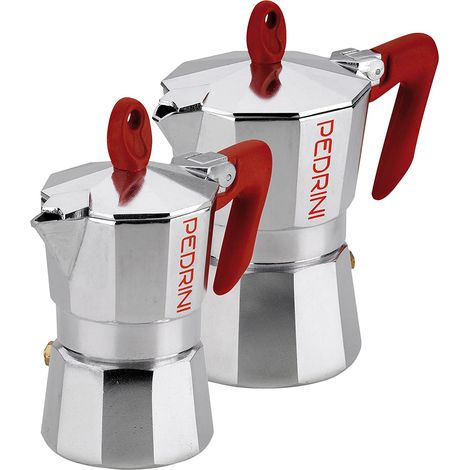 Pedrini Set 2 Caffettiere Moka 1 Tazza e 3 Tazze in Alluminio Alimentare con Valvola di Sicurezza e Manico Termoresistente Design Italiano Espresso Singolo e Famiglia Guarnizione in Silicone Atossico (1/2)