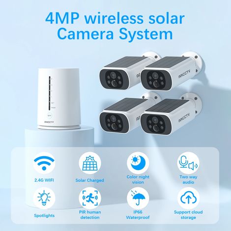 Kit Caméra de Surveillance ARCCTV Extérieur Sans fil 4MP +4 caméras fixes batteries solaires PACK VIDEOSURVEILLANCE Carte sd 64G