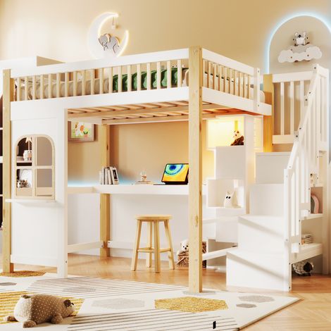 lit chambre mezzanine bureau rangement 140x200 bois OKMYHOME (1/5)
