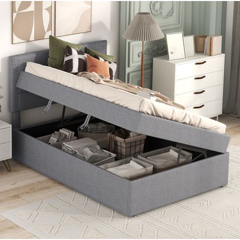 MEUBLIV Cadre de lit 90x200 cm gris – sommier métal, grand rangement, sans matelas (1/5)