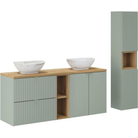 Conjunto ELVINA 170cm: muebles bajo lavabo con nichos visibles con cajones y armarios + dos lavabos sobre encimera marmoleados + columna