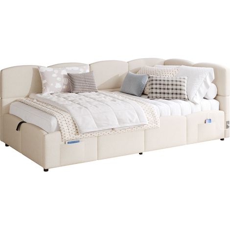 Letto Divano Singolo con Contenitore, USB e Type-C, 90 x 200 cm, in Velluto, senza Materasso, Beige (1/5)
