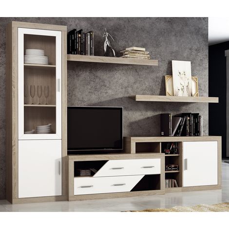 Ensemble de salon, meuble TV + set de 2 étagères murales + meuble bas + vitrine coloris chêne cambrian,blanc -PEGANE- (1/5)