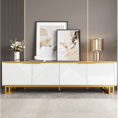 Mueble TV 160 x 37,5 x 48 cm con 4 puertas, almacenaje abierto, MDF blanco y dorado HAVRYA (1/5)