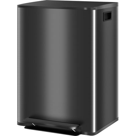 Poubelle de cuisine 2 compartiments de 2 x 30L, acier inoxydable, couvercle à fermeture douce, 47,7x37,5x66,8cm, noir (1/5)