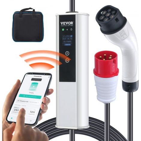 Chargeur EV Portable Type 2 IEC6219 Chargeur Voiture Électrique 16 A 3,68 kW Monophasé 11 kW Triphasé Câble de Charge 7,5 m Prise CEE 16 LCD IP66 avec Sac de Rangement Crochet de Câble de Charge (1/4)