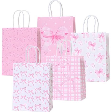 Lot de 5 Ruban Rose Sac Cadeau, 21 x 15 x 8 cm Sac Kraft Avec Poignée, Pochette Cadeau Avec Poignées, Sacs Cadeaux Pour Anniversaire Enfant, Mariage, Baby Shower, Fête