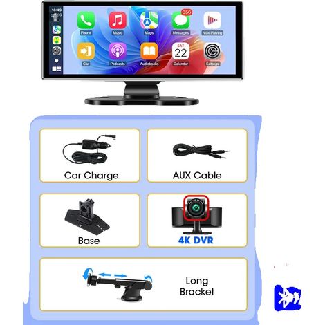 Écran Carplay, Caméra Avant 4K, Connectivité Bluetooth, DVR 4K avec support (1/2)
