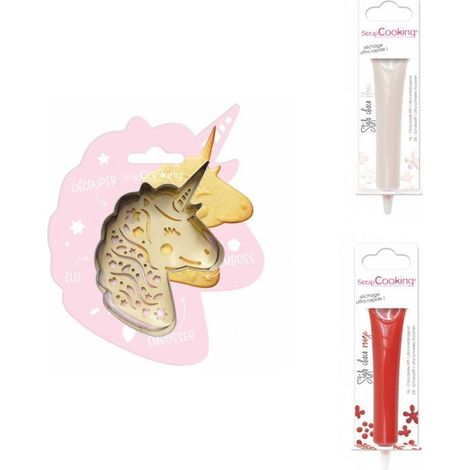 Kit pour biscuit en relief Licorne + 2 Stylos au chocolat blanc et rouge