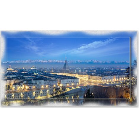 Lupia - Quadro moderno su Tela con Cornice stampata NEWEXT 75x135 cm, paesaggi localismi italiani, per casa soggiorno capezzale camera da letto hotel ufficio, TORINO PANORAMA SERA (1/4)