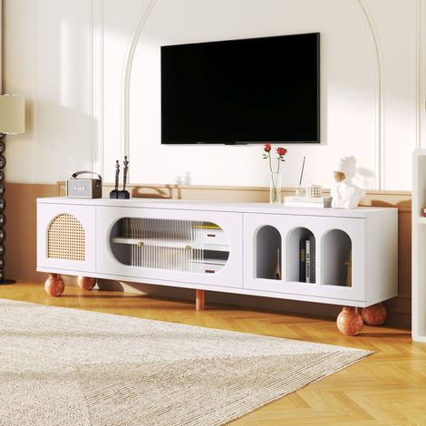 URBAN MEUBLE Meuble TV blanc avec porte en rotin poignées pieds dorées 170x47x37cm (1/5)
