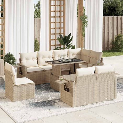 Ensemble Salon Jardin 9 Places Résine Tressée Beige avec Table et Coussins Crème - Stockage Intégré et Housse Lavable (1/5)