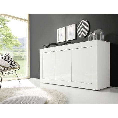 Vente-Unique – Buffet COMETE 3 portes – Blanc laqué – Dimensions 160x85.8x42 cm – Étagère à poser au sol – Fabriqué en Europe (1/10)