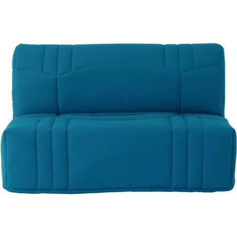 Canapé convertible 2 places – Couchage 140x190 cm – Tissu 100% coton bleu canard – Dimensions L145 x P100 x H90 cm – Structure avec sommier à lattes (1/4)