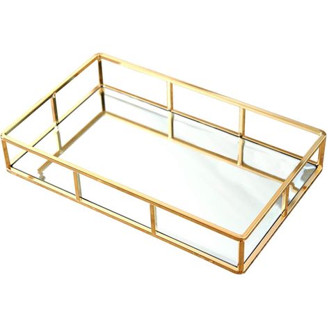 Plateau miroir, plateau miroir doré, plateau à parfums, plateau de coiffeuse, plateau orné, plateau décoratif en métal, plateau à bijoux, plateau à parfums, plateau à maquillage pour coiffeuse, commod (1/5)
