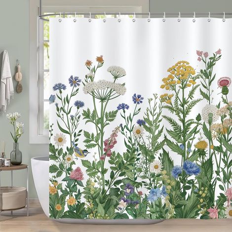 Rideau de Douche Fleurs, Rideau de Baignoire Fleur Coloré Feuilles Vertes 183 x 183 cm Polyester Imperméable Résistant à la Moisissure 12 Crochets (1/5)